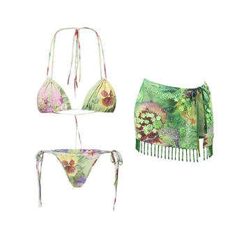 3Pcs Floral Bikini With Diamond Skirt Women Sexy Swimsuit Push Up Swimwear 2025 Bandeau Biquini Female Bathing Suit Beach Outfit 1