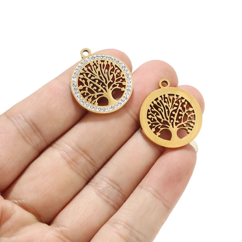 

5pcs Stainless Steel 22*25mm Charm Crystals Wishing Tree Round Pendants For DIY Jewelry Necklaces Making Findings