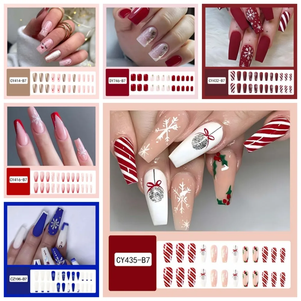 

24Pcs/set Manicure Material Christmas False Nails DIY Nail Accessories Full Cover Nail Art Tips Christmas Fake Nails Snowflake