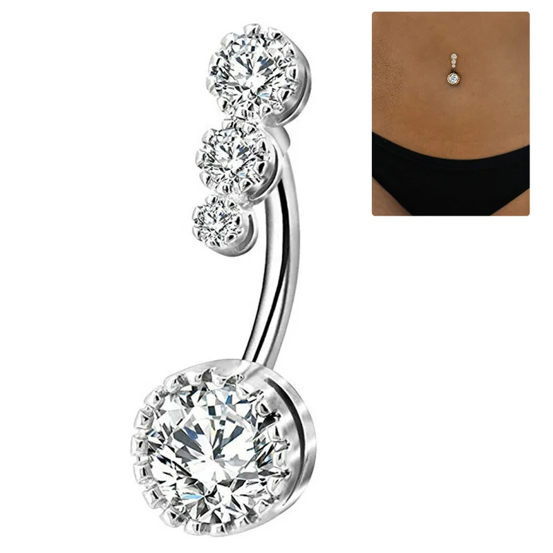 LX_ Belly Bars Crystal Dangly Reverse Drop Body Piercing Button Ring Navel Nov 
