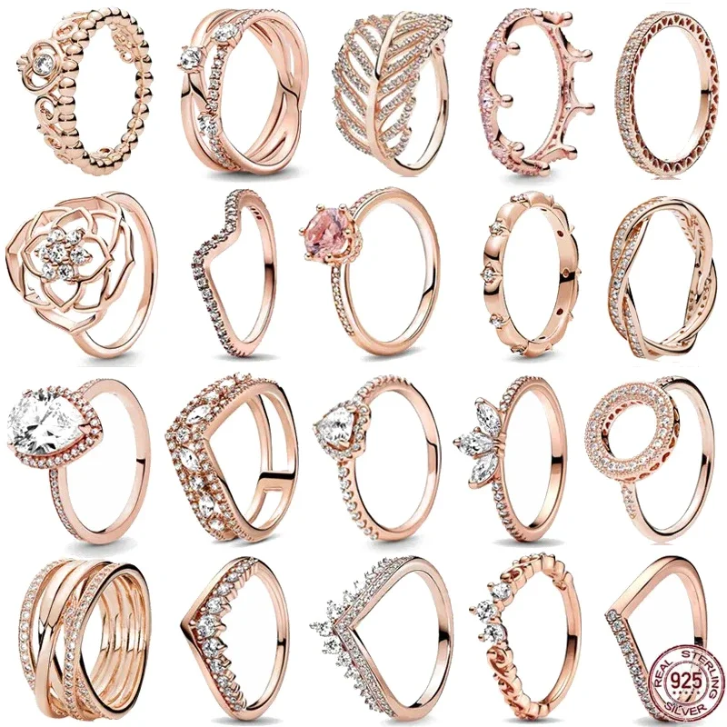 

Exquisite 925 Sterling Silver Rose Gold Series Petals Heart shaped Round Retro Crown Women's Charm Ring Jewelry Gift