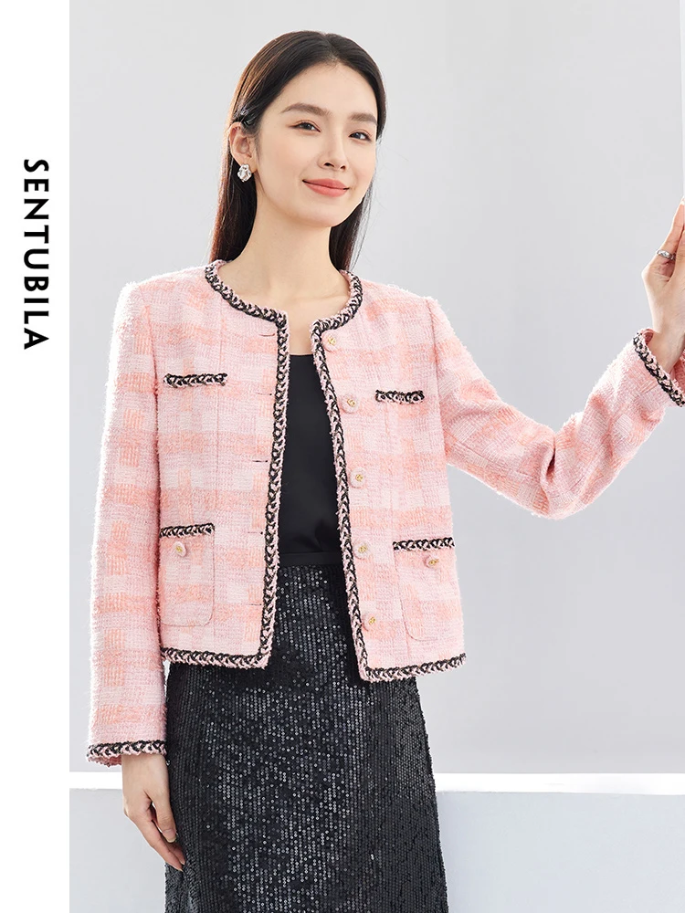 

SENTUBILA Contrast Wool Blend Plaid Cropped Tweed Jacket 2024 Spring Round Neck Single Breasted Straight Woman Coat 141W52957