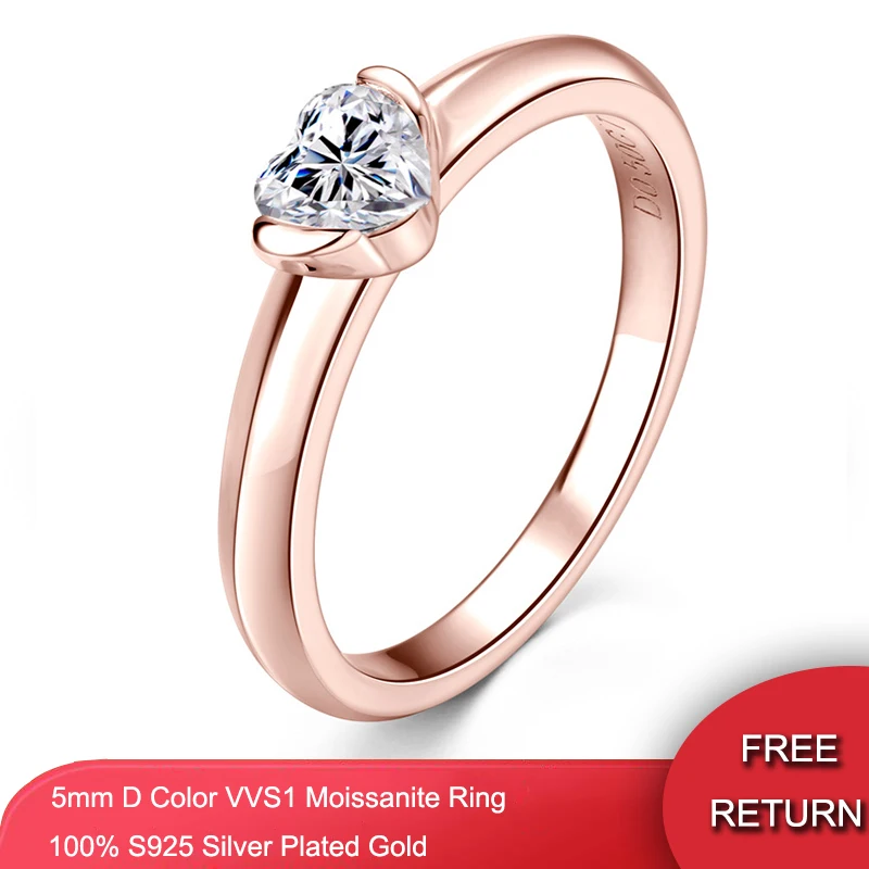 

Кольца QXTC из розового золота с бриллиантами, цвет 5 мм, D, в форме сердца, кольца из настоящего серебра 925 пробы, Женские Ювелирные изделия для помолвки и свадьбы