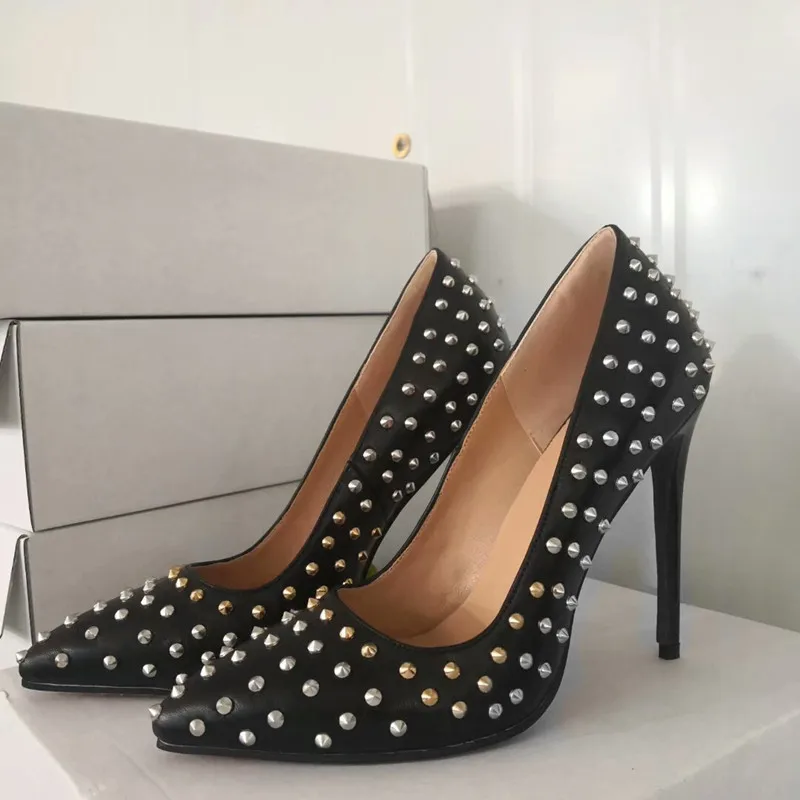 

SHOFOO shoes,Beautiful fashion lady's shoes, rivet decoration, about 11 cm high-heeled shoes, pointed toe pumps, banquet shoes