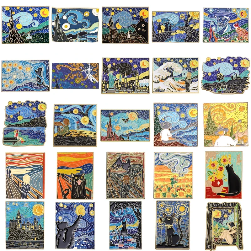 Kunst abstrakte Ölgemälde harte Emaille Brosche Van Gogh Sternenhimmel schwarze Katze Revers Kragen Rucksack Pin Abzeichen Modeschmuck Fans