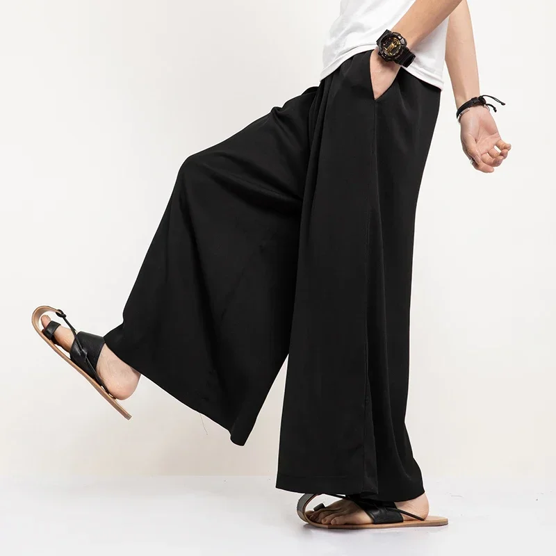 Chinese Style Men Clothing Summer Thin Ice Silk Casual Wide Pants Loose Plus Size Hakama Harajuku Oversized Trousers
