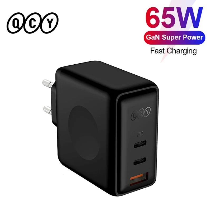 QCY 65W GaN Quick Charger 3 Port Type-C USB Fast Charger PD QC Travel Fold Charge Adapter For iPhone 12 Xiaomi Laptop US/EU Plug 