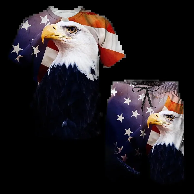 Men Two Piece Set Summer New Men's T-shirt shorts Eagle USA Flag set 3D Print Two-piece set Leisure Fashion Short Sleeve Full Set of Clothing