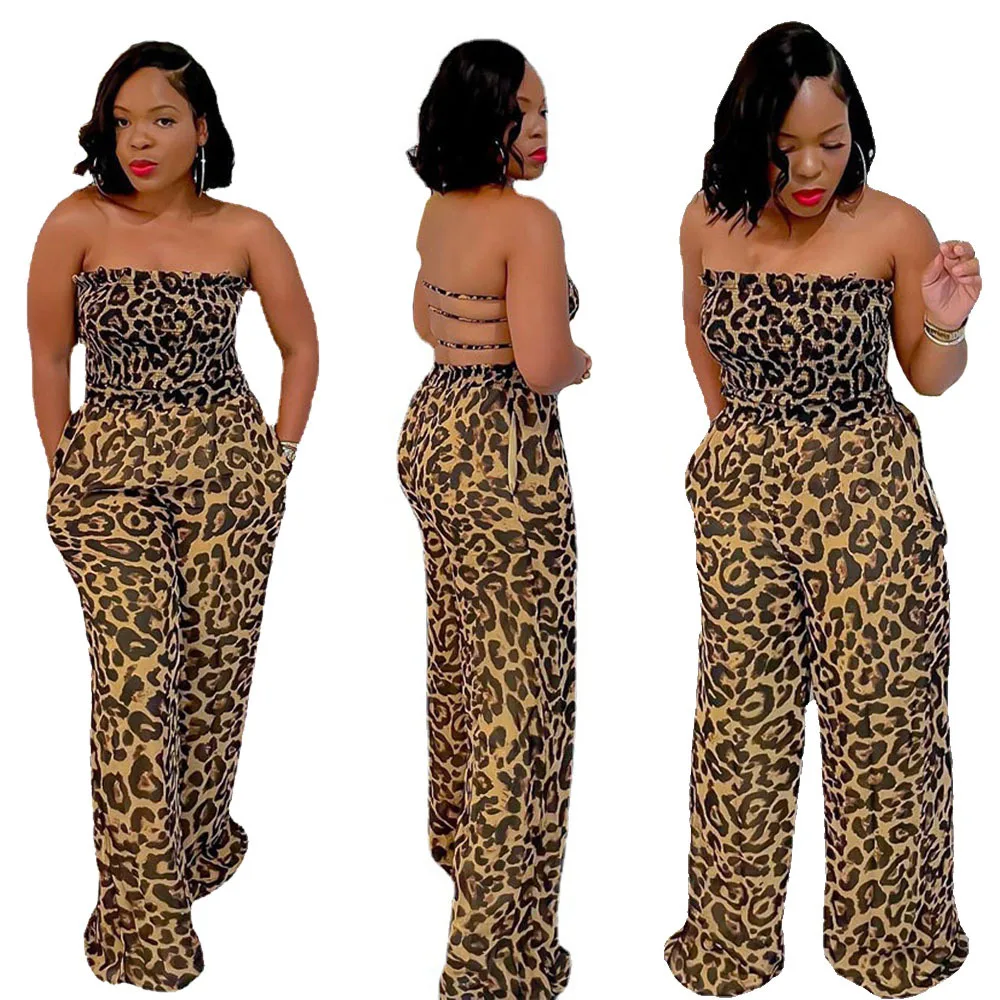

Leopard Printed Sexy Backless Elegant Strapless Jumpsuits Women Club Party Wide Leg Pants Rompers One Piece Outfits Overalls