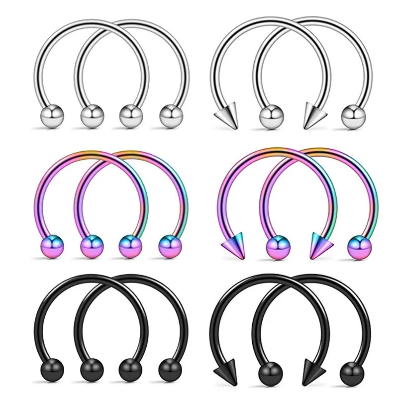 Stainless Steel Cone Spike Horseshoe Circular Septum Nose Ring Nipple Hoops Nose Septum Eyebrow Ear Piercing Body Jewelry 2Pcs