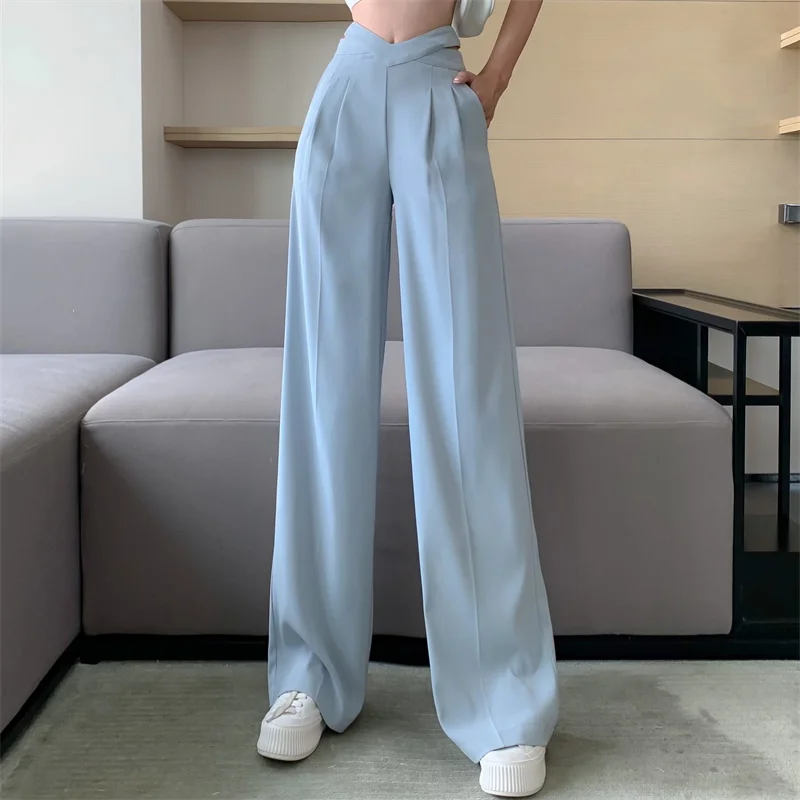 YUANYUANJYCO Korean Hollow Out High Waist Office Lady Wide Leg Pants Women Spring Autumn Back Zip Up Black Long Trousers Woman cargo pants for women