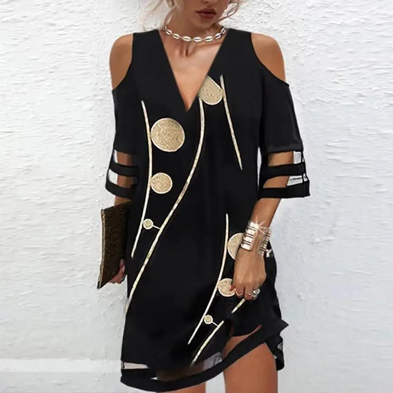 

Summer New V-neck Positioning Flower Gauze Short-sleeved Dress Fashion Women's Gauze