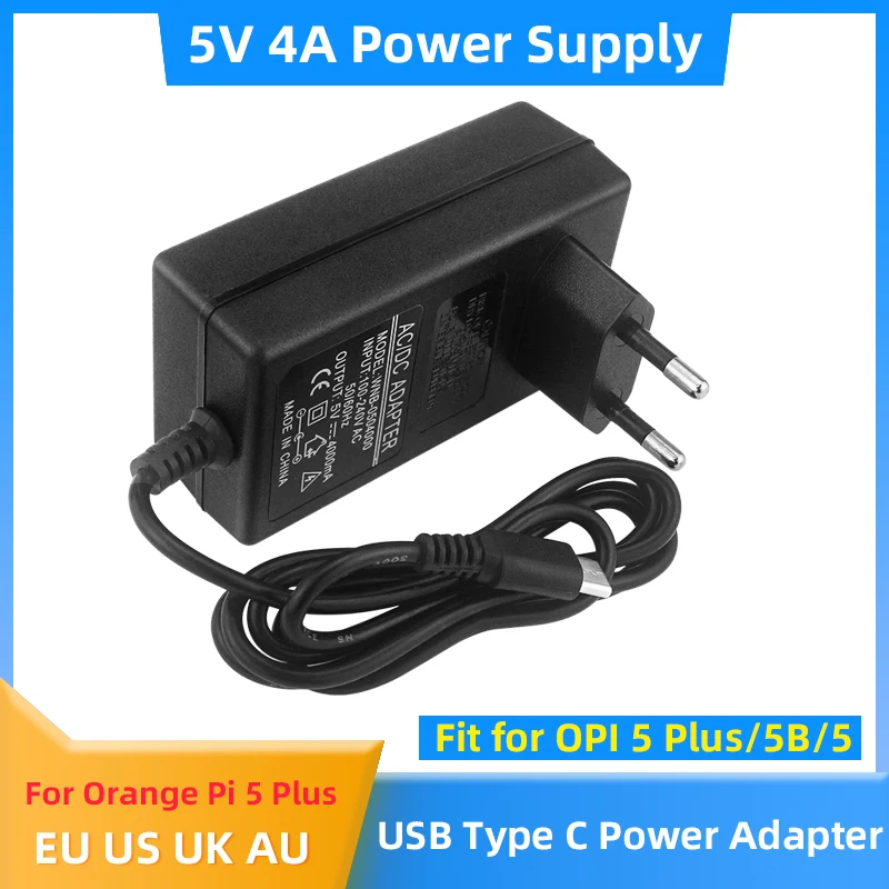 5V 4A Power Supply for Orange Pi 5 Plus / 5B / 5 20W USB Type C Power Adapter for OPI 5 Raspberry Pi 4B Jetson Nano 2GB Charger