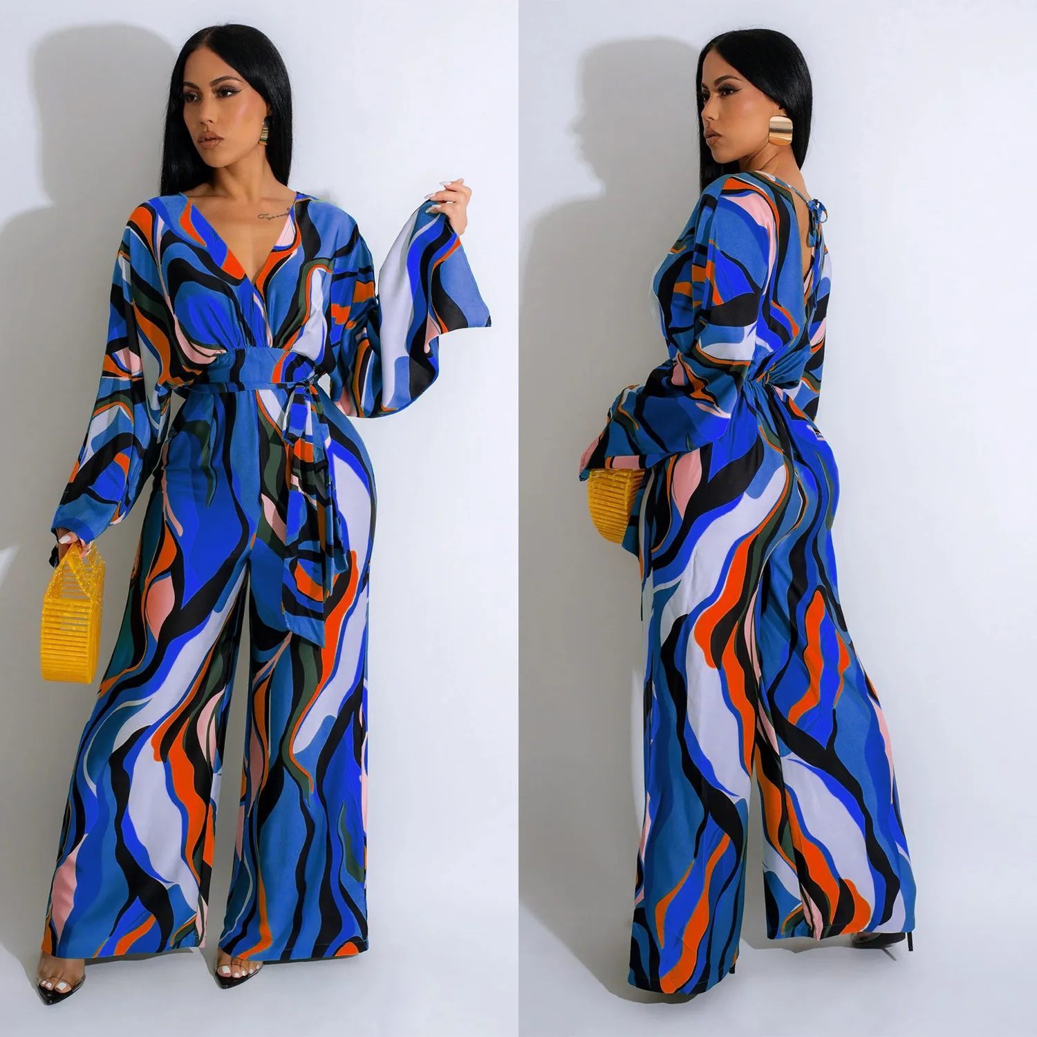 Fashion Women's Casual Printed Lace-Up Long Sleeve Wide Leg Jumpsuit