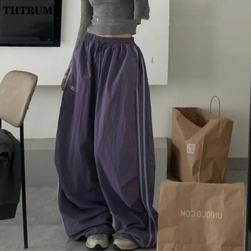Oversized Hip Hop Baggy Pants Fashion Women Striped Pocket Elastic High Waist Cargo Pant Streetwear Sweatpant Loose New Trousers 6