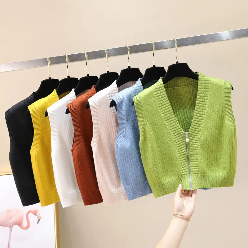 

2022 NEW Spring Korean V-neck Knit Sleeveless Sweater Short Vest Loose Coat Zipper Tops Waistcoat Lady Top Cloth for Women girl