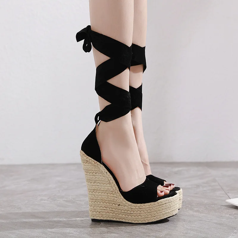 Ladies Sandals Women Shoes Cloth Solid Color Slope Heel Round Shape Thick Bottom Increase Roman Platform