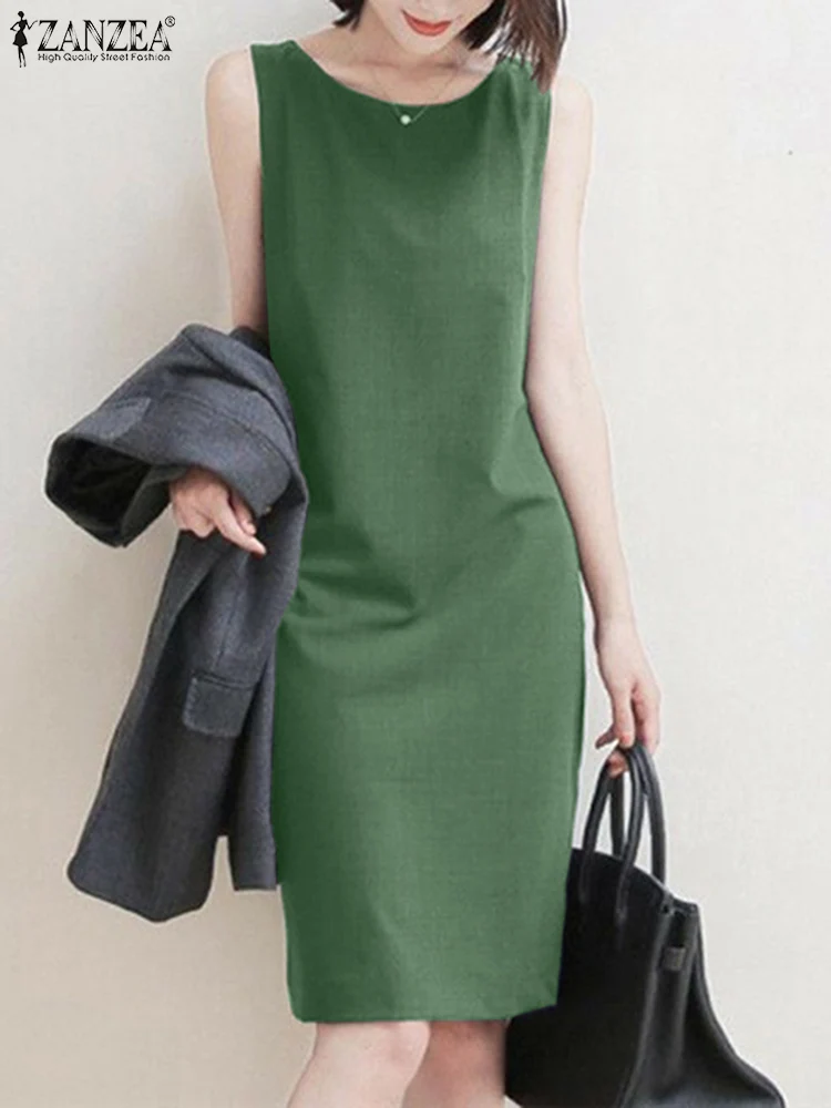 

Элегантное летнее офисное платье ZANZEA без рукавов длиной до колен, женский модный прямой сарафан с круглым вырезом, однотонное платье, женское платье 2023