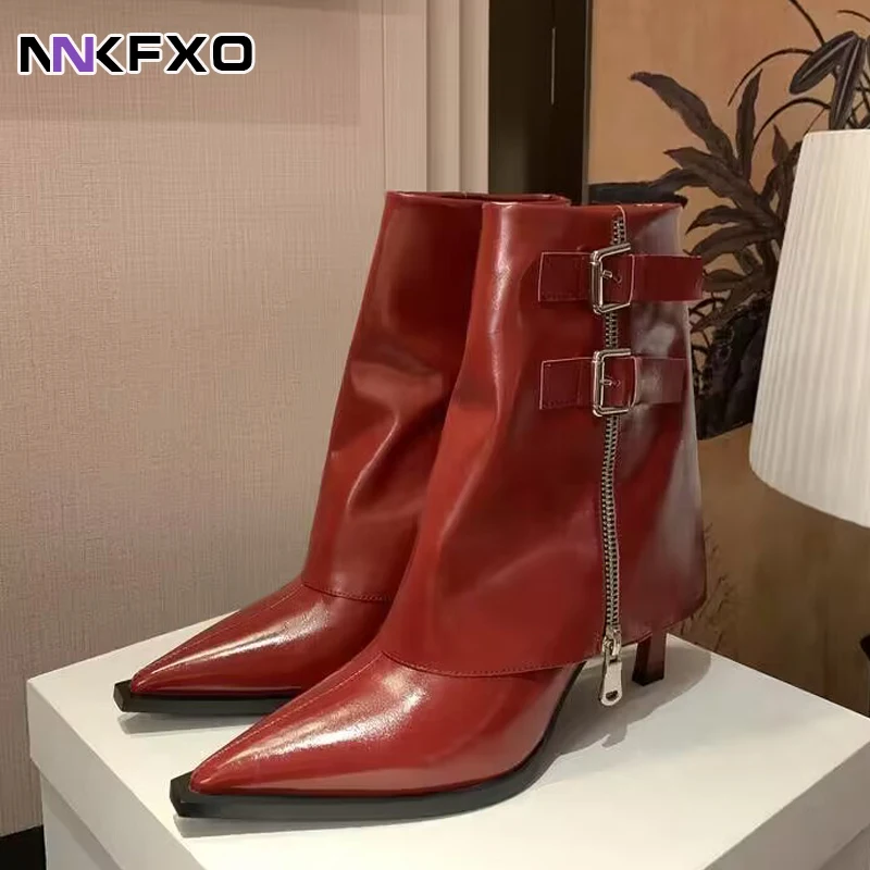 

Women's Autumn Winter Fashion Ankel Boots PU Leather Boots With Belt Buckle Pointed Toe Thin Heels Boots Side Zipper Boots QB199