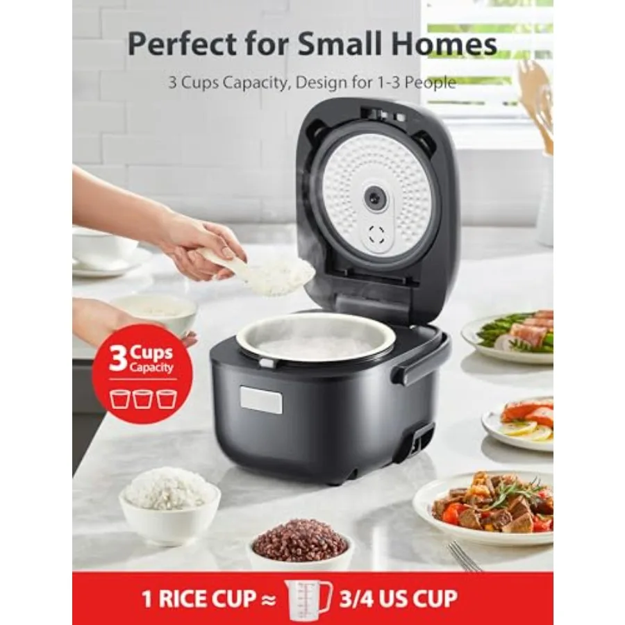 3‑Cup Uncooked Rice Cooker with LCD & 8 Cooking Functions – Grey 2