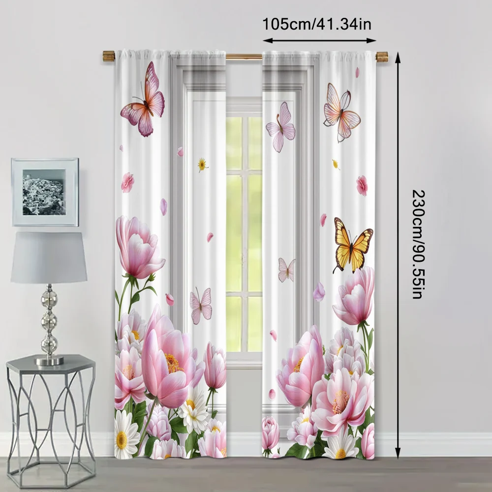 2pcs, Window Curtain Floral and Butterfly Print Polyester Easy Install (without rod) Versatile All Use for Bedroom & Living Room 4