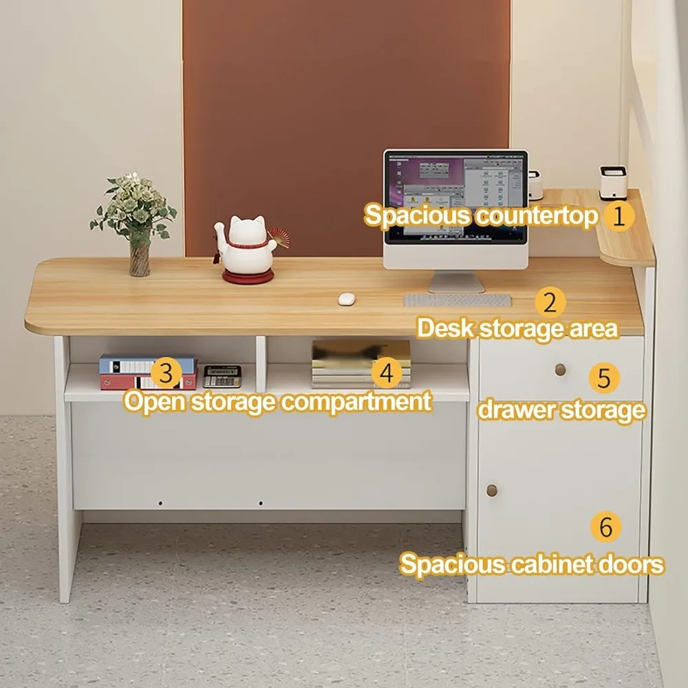 Reception Counter Desk, Modern Retail Counter, Front Desk Reception Room Table, Retail Counter with Display Shelf & Drawers