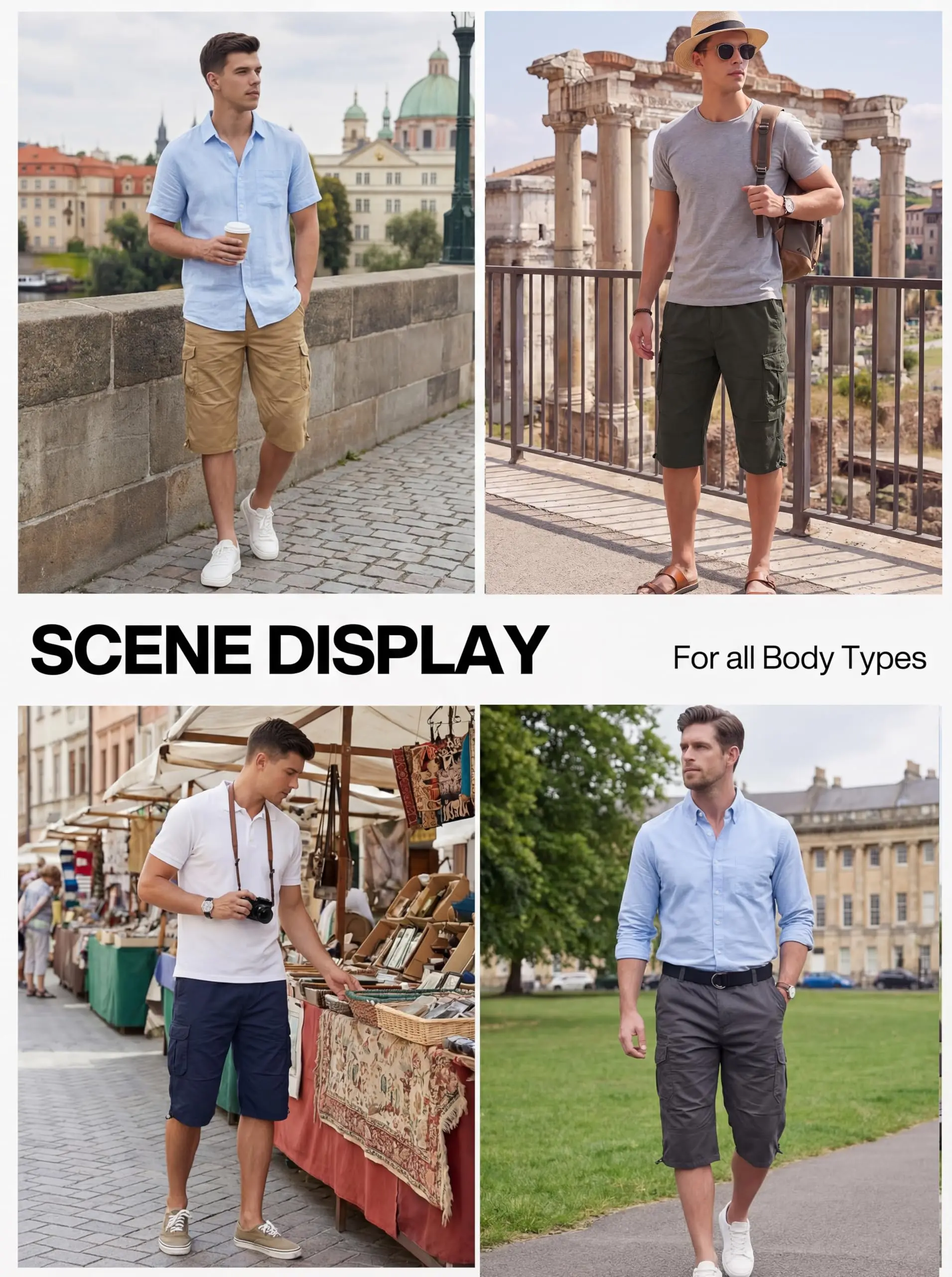 Cotton Below Knee Length Men's Outdoor Capri Pants with Multi Pockets