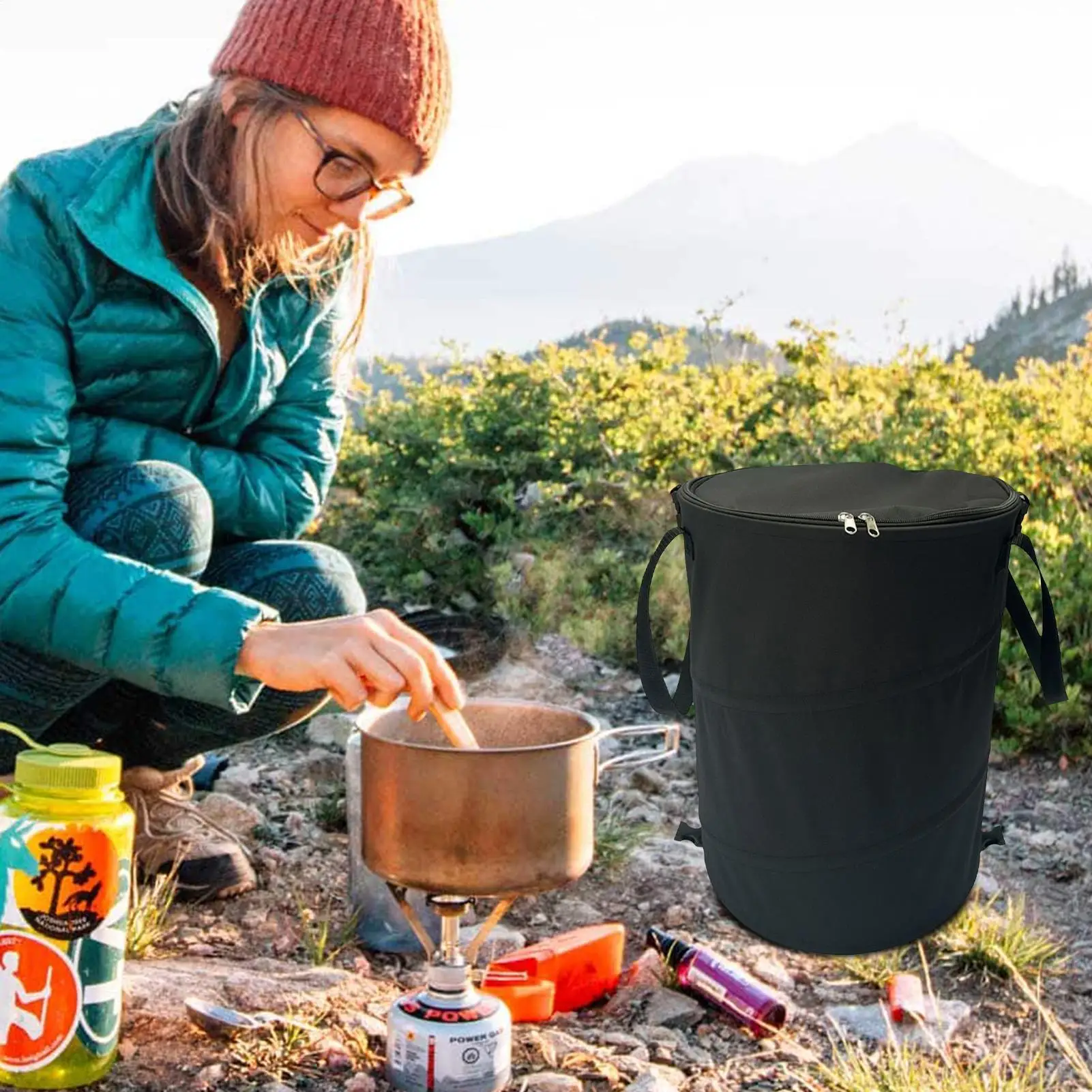 Camping Trash Can Pop-up Circular Storage Pail Canvas Foldable Recycling Bin Outdoor Garbage Garden Yard Garbage Bag