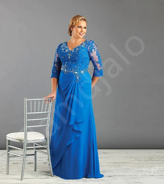 Plus Size Long Mother Of The Bride Dresses V Neck 3/4 Sleeves Royal Blue  Chiffon Beaded Formal Groom Mother Wedding Party Gowns - AliExpress