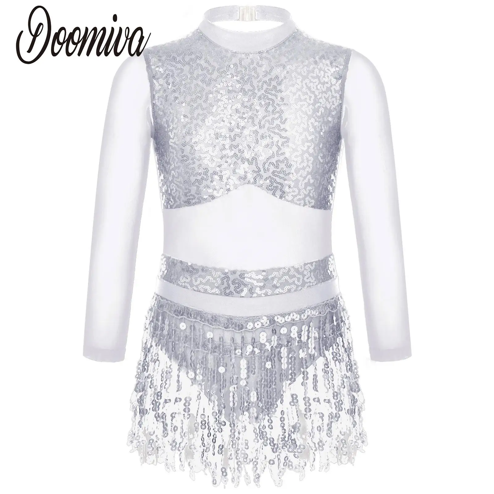 

Детское балетное платье-пачка с блестками для девочек, сетчатая одежда с длинным рукавом для джазовых латинских танцев, вырез на спине, стиль пэчворк, женское платье для выступлений