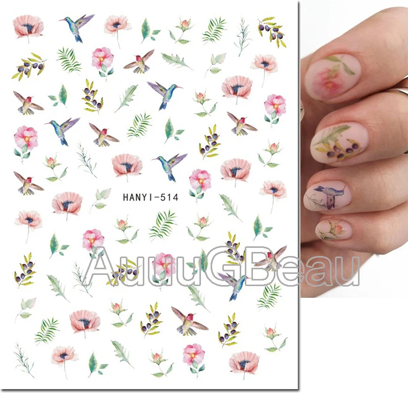 

Nail Decals Summer Fruit Bird Pink Flowers Leafs Back Glue Nail Stickers For Nail Tips Beauty