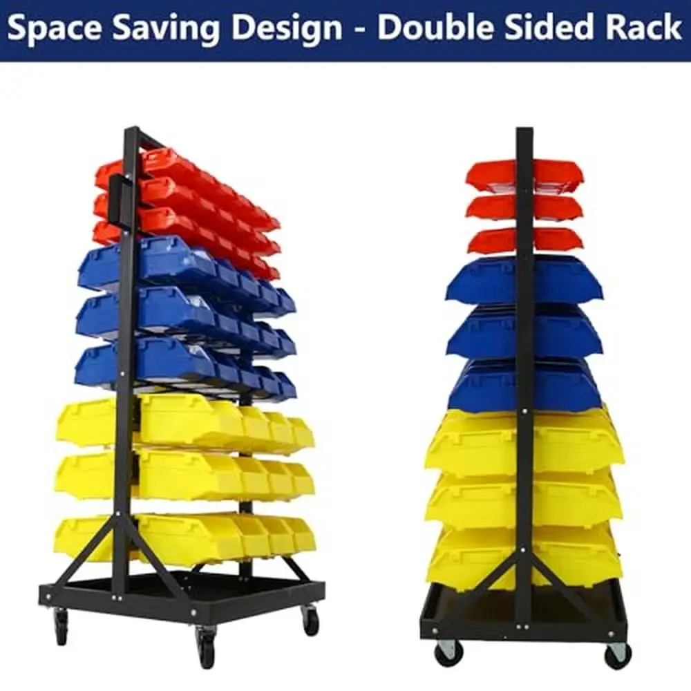 Steel Frame 90 Parts Bin Rack System with Lockable Casters Label Area Space-Saving Design Mobile Organizer Shop Storage Bin Rack
