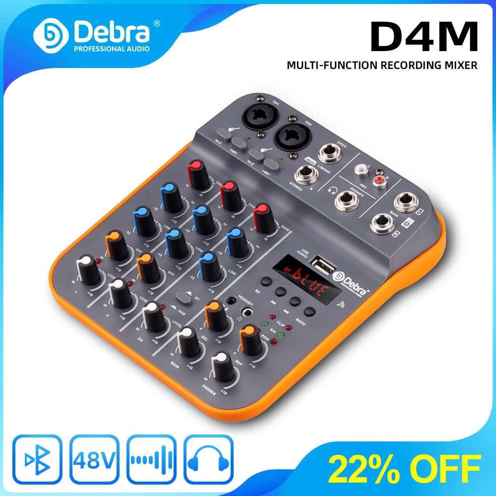 

IKGE D4M Mini 4-Channel Audio Mixer DJ Console Mixer with Reverb Bluetooth USB Sound Card 48V for Karaoke Singing, PC Recording