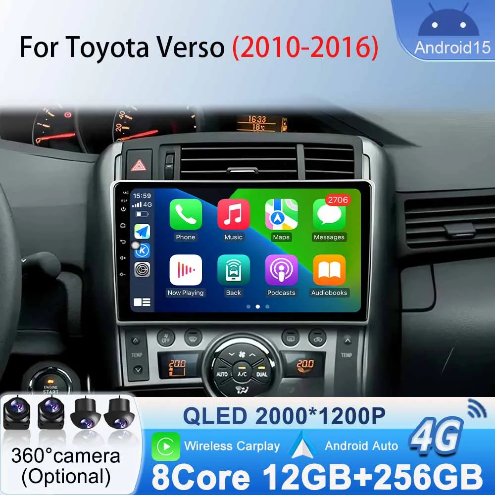 Für Toyota Verso 2010 2011 2012 2013 2014 2015 2016 Carplay Auto Android 15 Auto Radio Navigation GPS Multimedia Player video DSP