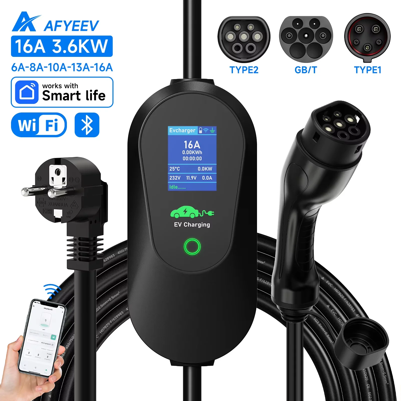 3600W Portable Type2 IEC62196-2 EV Charger Type1 SAE J1772 Electric Car Charger GBT EVSE Charging Cable WiFi Bluetooth ev charger