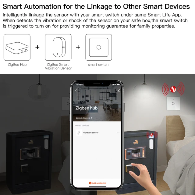 Zigbee 스마트 진동 센서 감지, Tuya 스마트 라이프 앱 알림, 실시간 모션 충격 알람, 기록 기록