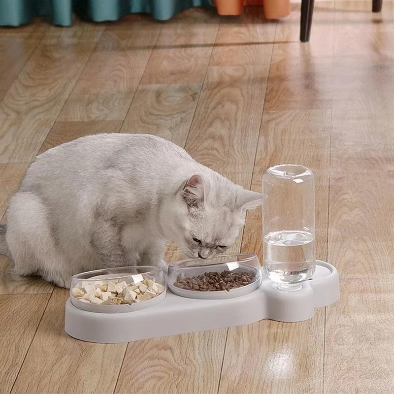 Anti-Tip Double Cat Bowl with Drinking Fountain - Large Diameter, Durable PP+PC Material