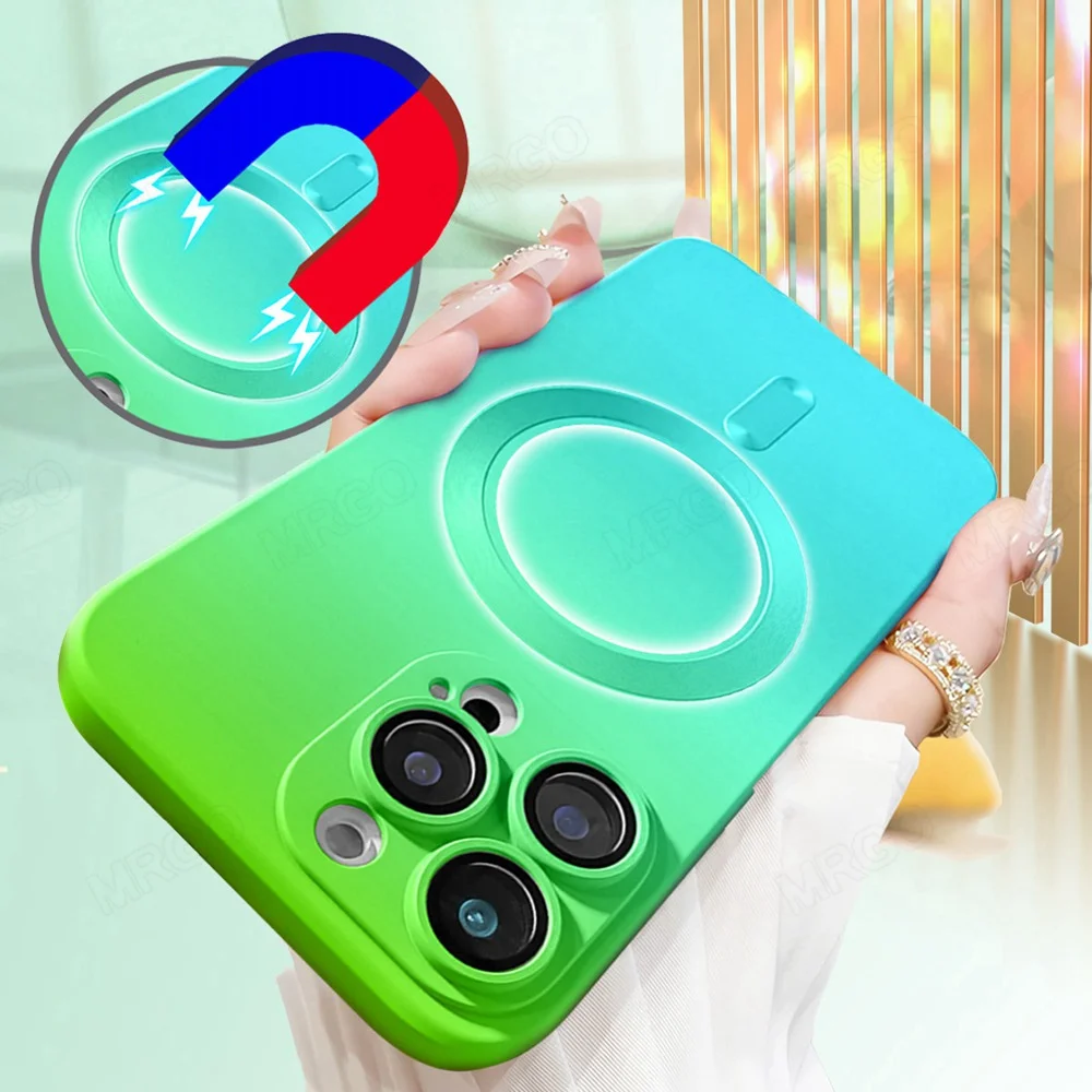 Luxury Gradient Matte Silicone For Magsafe Wireless Charging Case for iPhone 14 11 12 13 Pro Max Plus With Lens Protector Cover_voghion.com