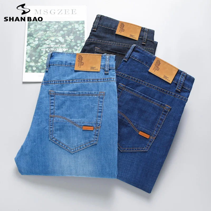 

SHAN BAO 2022 Spring/Summer Brand Slim Fit Straight Lightweight Stretch Fashion Classic Jeans Youth Men's Slim Thin Jeans Blue
