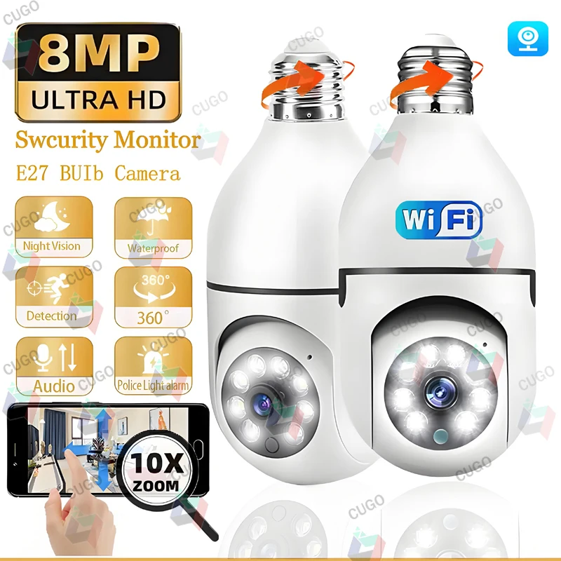 8MP E27 หลอดไฟกล้องเฝ้าระวัง Wifi 10X ซูมดิจิตอล AI การตรวจจับมนุษย์การมองเห็นกลางคืนแบบสีกล้องไร้สายเบบี้มอนิเตอร์ 1