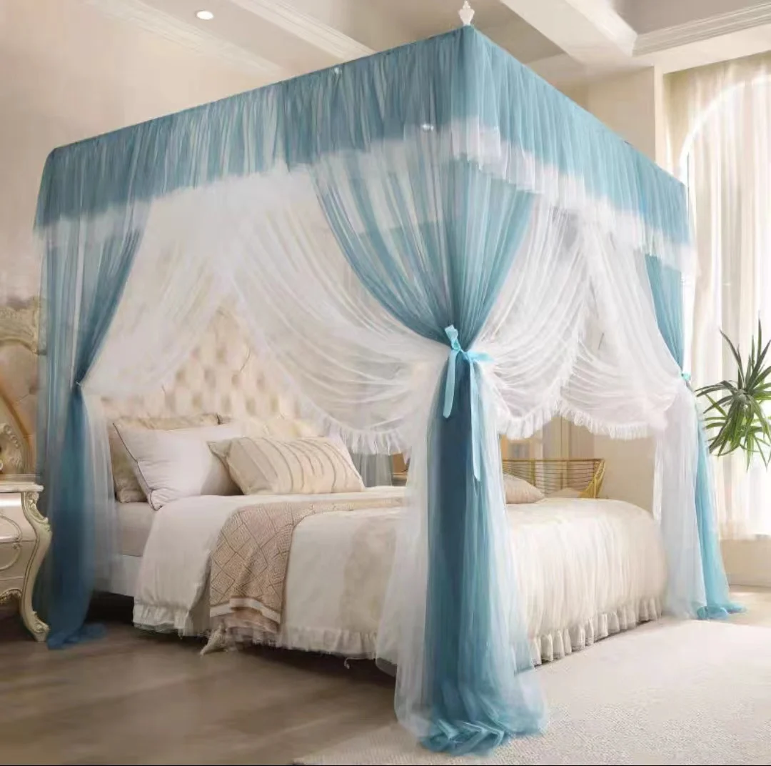 Mosquiteras de piso estilo palacio para uso doméstico, estilo princesa, cortina de cama de tres puertas, hilo grueso e integrado