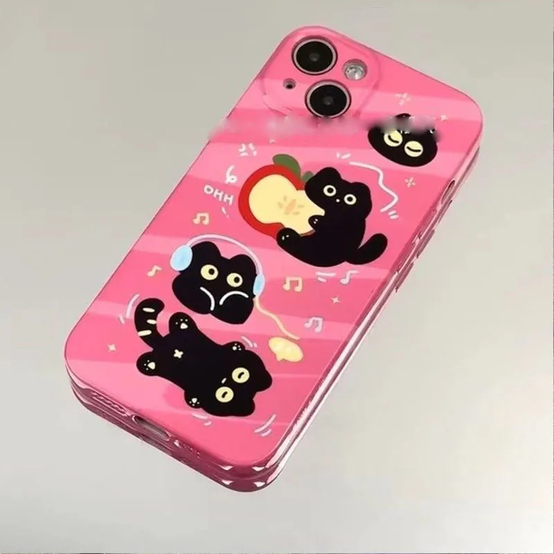 Apple Black Cat Ascolta Musica Custodie Per Telefoni Per Iphone 11 12 13 14 15 Pro Max Per Iphone Xr Xs Custodia Per Telefono Vintage Coreana Rosa