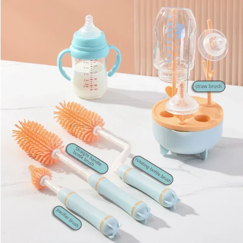 360 Degree Rotation 3 in 1 Cleaning Brush Set Silicone Baby Bottle Pacifier Brush Wash Water Cup Container Straw