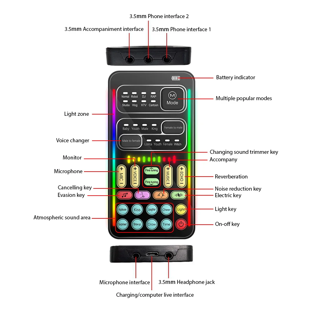 i9 Voice Changer Mini Multiple Audio Effect Bluetooth-Compatible Live Sound Card
