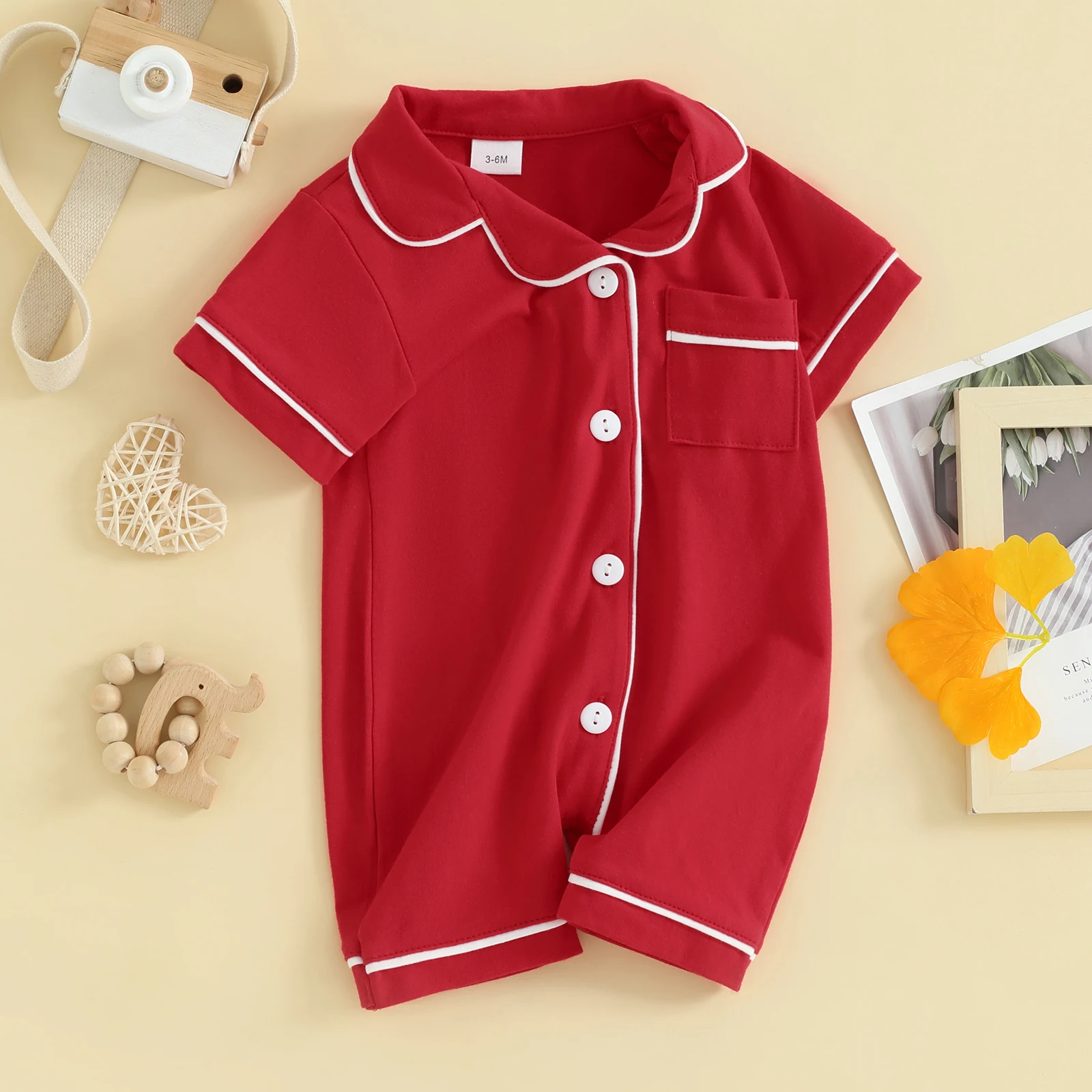 Baby Girls Boys Pajamas Rompers Summer Kids Turn-Down Collar Short Sleeve Sleepwear Buttons Pocket Infant Loungewear Clothes