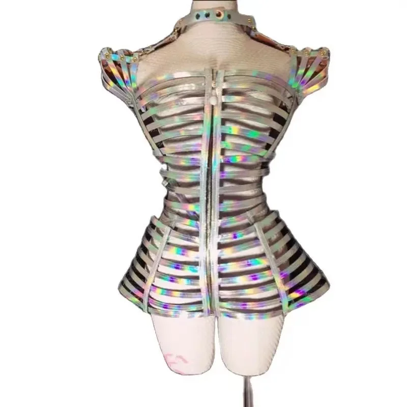 

Mirror silver Laser bodysuit model catwalk stage wear team dance show DJ costume sexy women Nightclub bar jumpsuit