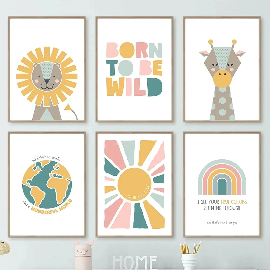 

Настенная роспись в виде льва, жирафа, солнца, радуги, земли, фотообои в скандинавском стиле, декор детской комнаты