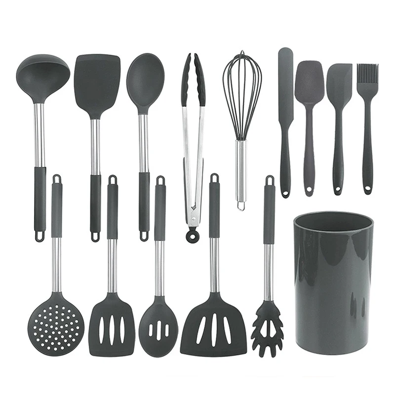 Silicone Cooking Utensil Set, Kitchen Utensils 15pcs Cooking Utensils Set  Non-stick Heat Resistan BPA-Free Silicone Stainless Steel Handle Cooking