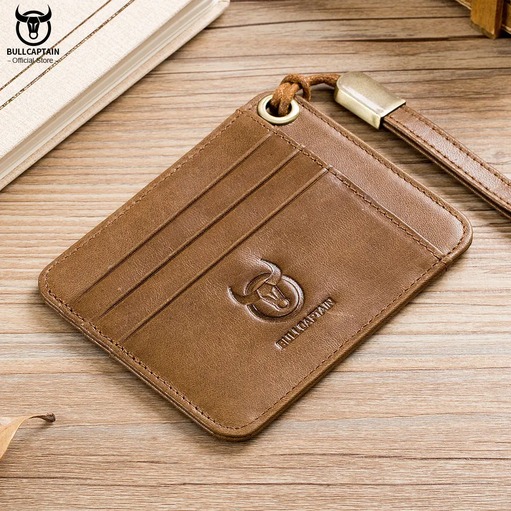 BULLCAPTAIN Genuine Leather Business Credit Card Holder mini RFID Card protection Unisex ID Holders CARDS WALLET WITH WRIST