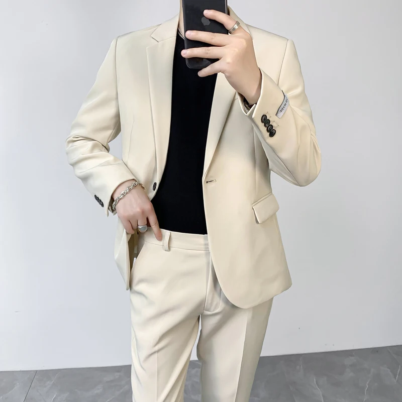 

Blazers Pants Sets 2022 New Fashion Korean Handsome Suits Men's Casual Business 2 Piece Set Suit Jacket Coat Trousers B76